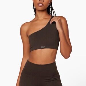 SET Active Espresso Brown One Shoulder Ribbed Sculptflex Sports Bra size large